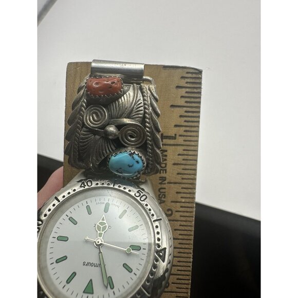 Vintage Mens Watch with Navajo Made Sterling Silver Turquoise Coral Watch Tips - Picture 10 of 11